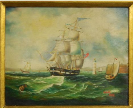 A reproduction gilt framed oleograph depicting a maritime scene