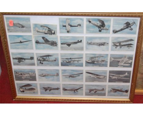 Framed photographic poster print of an RAF helicopter, and a framed display of collectors cards depicting vintage aeroplanes 