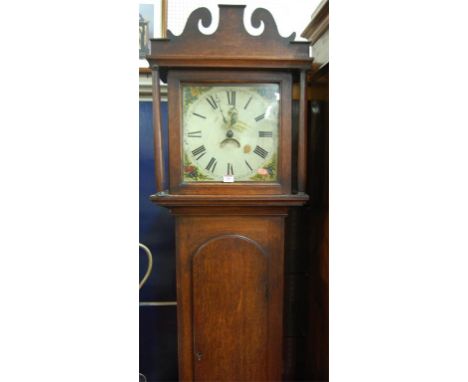Circa 1800 provincial oak long case clock having a painted square dial having thirty hour weight driven movement with single 
