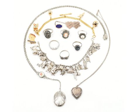 An assorted collection of silver &amp; costume jewellery. The lot to include; pierced design marcasite set ring (marked silve