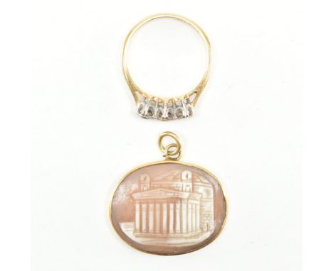 A gold mounted cameo pendant &amp; 18ct gold, palladium &amp; diamond ring. The pendant having a carved cameo depicting a Rom