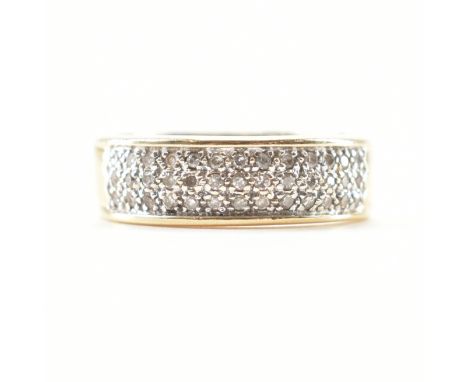 A hallmarked 9ct yellow gold &amp; diamond cluster ring. The ring having an inset rectangular head set throughout with accent