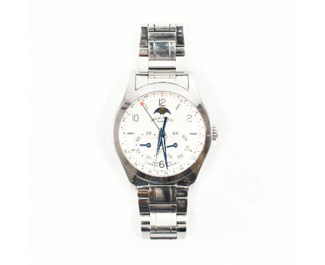 An Armand Nicolet Tramelan stainless steel wrist watch. The watch having rounded white guilloche enamel dial, mixed silver to