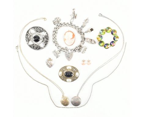 An assorted collection of 9ct yellow gold, silver &amp; costume jewellery. The lot to include; carved cameo portrait brooch p