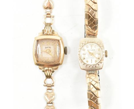 Two hallmarked 9ct gold cocktail wrist watches. The first Smiths watch having a squared dial &amp; fancy heart link bracelet 