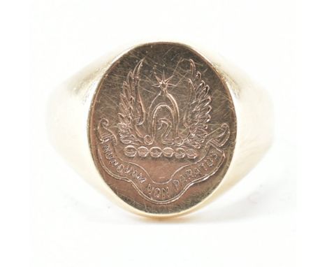 A&nbsp; Birks gold signet ring. The ring with a crest to the head with the inscription 'Nunquam Non Paratus' marked Birks 10K