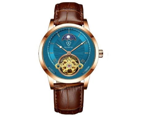 A Ruckstuhl automatic dial R100 tourbillon design exhibition back wrist watch. The watch having a blue engine turned tourbill