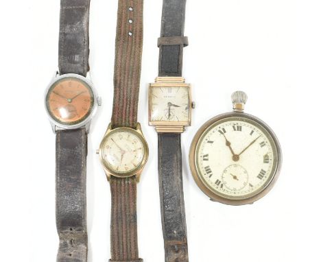 An assorted collection of wrist watches &amp; pocket watch. The lot to include; a gold tone square dial Benrus shockproof wri