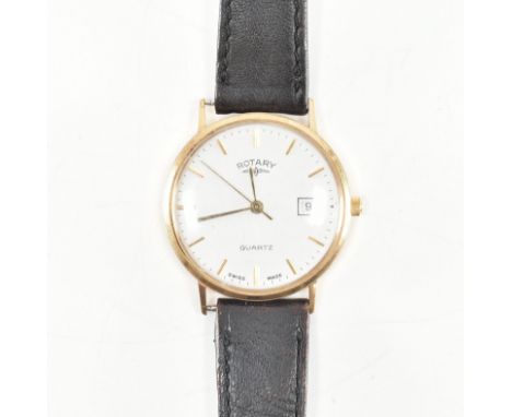 A hallmarked 9ct yellow gold Rotary quartz Swiss made wrist watch. The watch having a white circular face with gold tone bato
