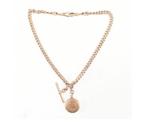 An antique 9ct rose gold albert pocket watch chain &amp; locket. The chain having curb links, T bar &amp; swivel clasps &amp;