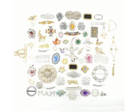 An assorted collection of costume jewellery brooch pins &amp; more. The lot to include; 9ct gold, silver, gold &amp; silver t