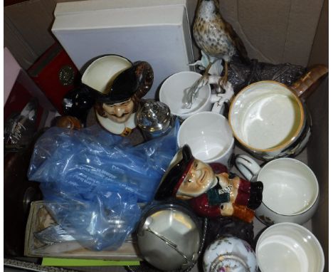 A box containing various china including a Goebel figure of a Song Thrush and another of a Robin, a Falcon ware cavalier mug,