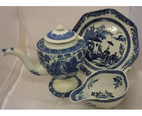 A collection of various English china wares to include a Worcester type sauceboat, a Rogers chinoiserie patterned plate, rare
