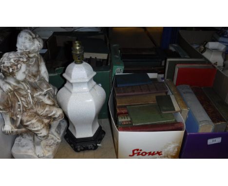 Five small boxes of various books, three boxes of various china wares, pair of binoculars, box camera, cushion, plaster figur