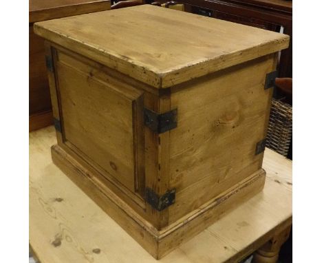 A small pine trunk or chest with iron bound corners   CONDITION REPORTS  Various scratches to the top, various impressed mark
