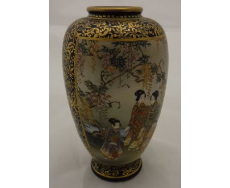 A Meiji Period Satsuma vase decorated with panel of woman and children amongst bamboo and two women and children by flowering