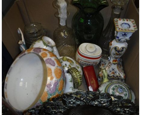 Two boxes of various china wares to include Cantagalli tea set, Bretby fruit bowl, Art Deco style figure, decanters, gilt bra