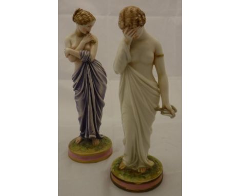 A pair of Royal Worcester figurines as Classically robed maidens with birds "Love" and "Sorrow"   CONDITION REPORTS  Both hav