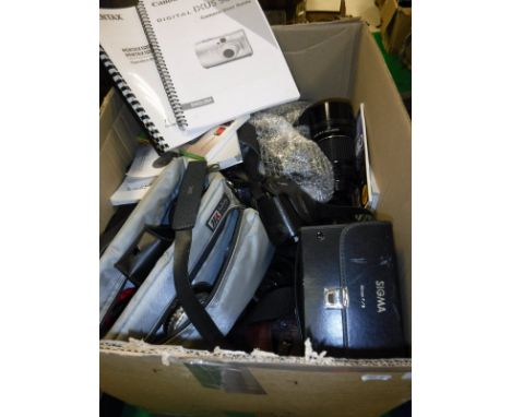 Two boxes and a quantity of various photographic equipment including cameras, tripods and other accessories, Epson scanner, a