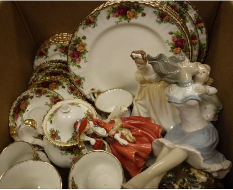 A box containing a Royal Albert "Old Country Roses" six place tea service, a Royal Doulton figurine "Natalie" (HN3173), a Roy