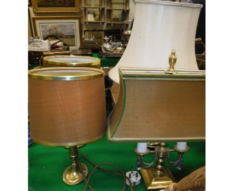 Four various brass table lamps, Chinese glazed porcelain figure of the Buddha and a basket containing three pairs of binocula