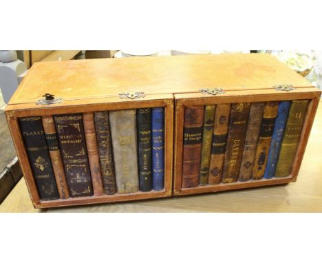 A leather two door cupboard in the form of a book shelf, together with a painted pot cupboard, the plain top above a single d