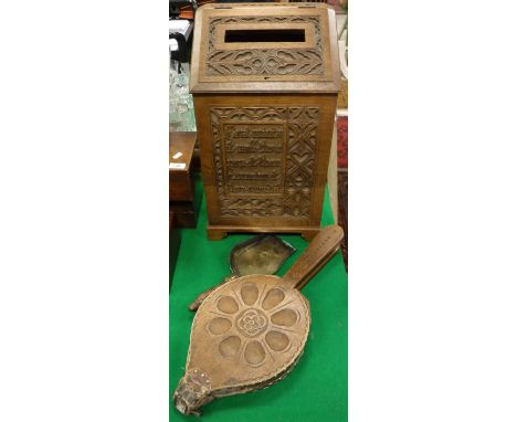 A circa 1900 oak Country House letter box with carved decoration and inscribed panel "First mind it well, then pen it, then e