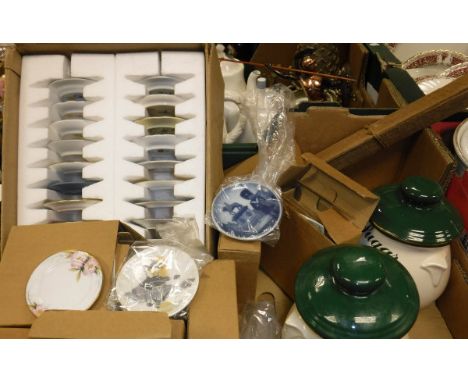 Four boxes of various china wares to include collector's plates, Jasper ware pot and lid, dolphin figure group, character mug