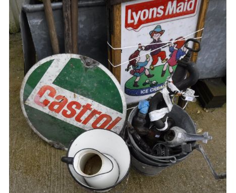 A Castrol enamel sign, together with various other signs to include Lyons Maid ice cream sign, an enamel bucket and pail, var