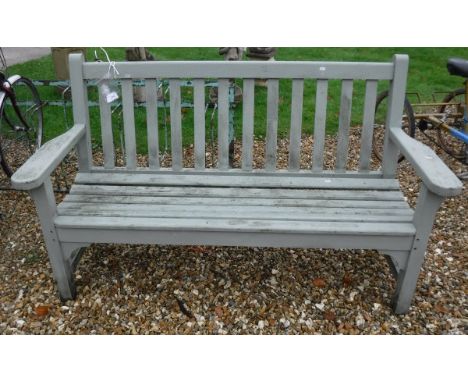 A painted wooden slatted garden bench by R.A.Lister of Dursley 