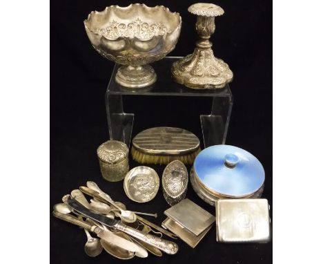 A collection of silver wares to include a Victorian silver pedestal bowl with embossed floral decoration raised on a circular