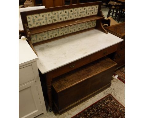 A Victorian walnut tile back marble top wash stand, an oak dresser in the Old Charm manner and a painted cupboard with melami