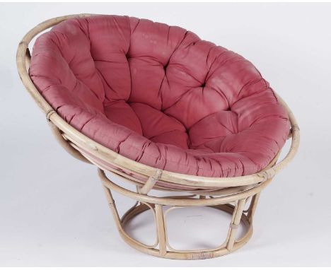 A vintage papasan bamboo 'globe' chair, with button upholstered cushion, 115cms diameter.