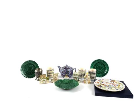 A selection of decorative ceramics, including: three majolica dishes; a chintz tea pot; three Wedgwood mugs; four Coalport pa