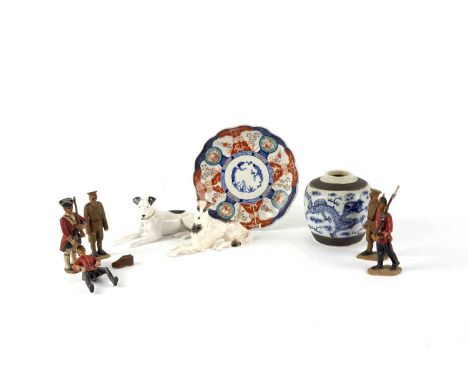 A selection of ceramic items, including: an Imari pattern plate; an Oriental tea caddy; a collection of five hand carved sold