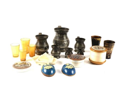 A collection of china and pewter wares, including: six mismatched 19th Century horn beakers; a graduated set of 6 pewter, fro