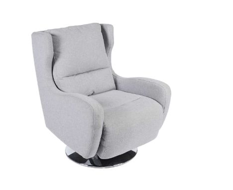 A modern grey/light blue upholstered swivel armchair on chromed metal base, 75 x 86 x 95cms high.