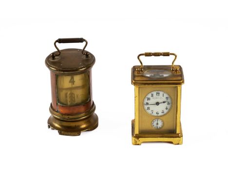 A continental brass-cased carriage clock, with enamelled dial, alarm movement and key, 11cms; together with a brass and coppe