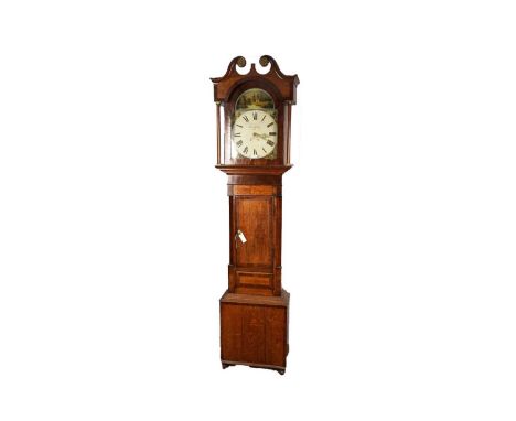 A George III 30-hour oak longcase clock, with white painted Roman arched dial, with scene of a church in a field surrounding,