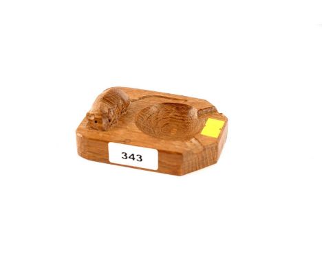 A Robert ‘Mouseman’ Thompson carved oak ashtray, with mouse figure in high relief, 11 x 8cms wide.