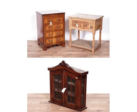 A pine side table, rectangular moulded top above singular drawer and shelf to the bottom, raised on turned legs, 70 x 50 x 77