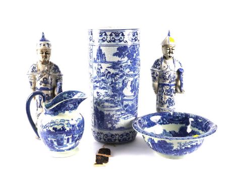  A collection of Oriental blue and white ceramics, comprising of: a large 20th Century vase, with scenes of immortals in a fo