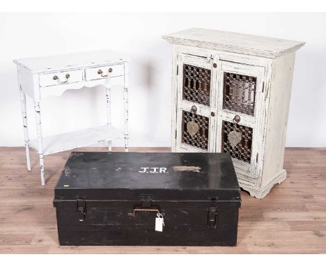 A 20th Century tin trunk, painted black, with initials ‘J. J. R.’ painted on the top, with carrying handles fitted to either 