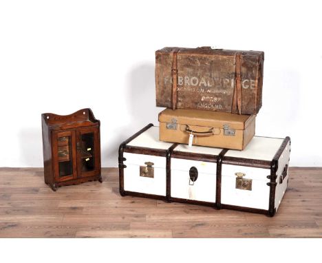 An oak and white painted steamer trunk, 92 x 53 x 35cms high together with; two leather carry cases; and a 20th Century oak s