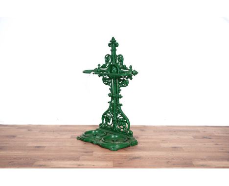 A Victorian cast metal stick/umbrella stand, with pierced fretwork design, painted green, 49 x 25 x 82cms high.