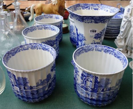 Four Spode 'Italian' pattern circular fluted jardinieres, 16.5cm high, one larger, and a Spode vase of tapering hexagonal for