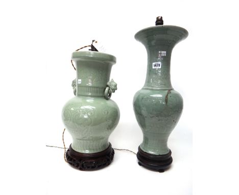 A Chinese celadon yen-yen vase, decorated with flowers, (a.f), 46cm. high, adapted as a lamp with wood stand; and another cel