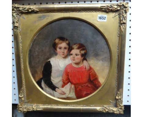 English School, 19th century, Portrait of two children, oil on canvas, circular, 31cm diameter. Property from the estates of 