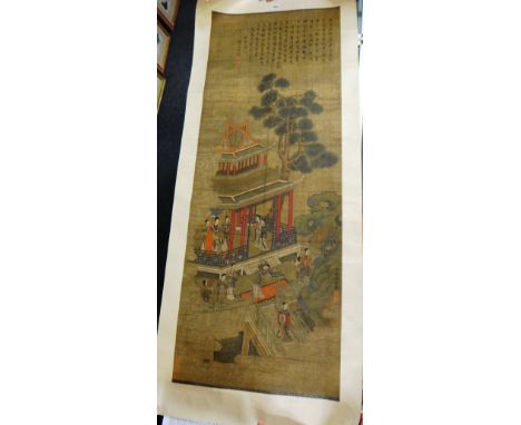 A Chinese scroll painting, 19th/20th century, ink and colour on paper, depicting ladies in a garden pavilion, 142cm. by 53cm.