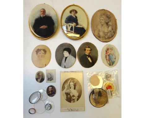 A 19th Naïve School portrait on ivory of a woman in a black bonnet, 7.3cms;  and a mixed quantity of items relating to portra